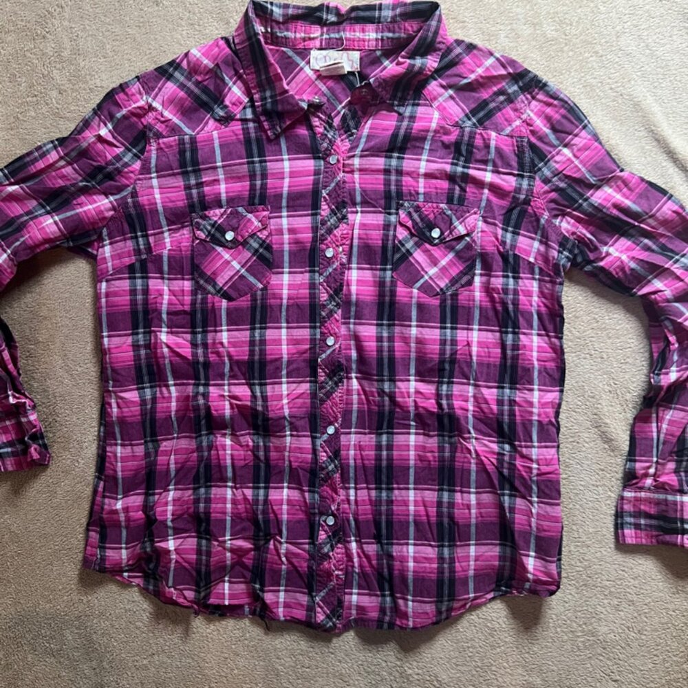 Ocean Pacific OP Juniors XL Pink Button Up Collard Flannel Long Sleeve Plaid